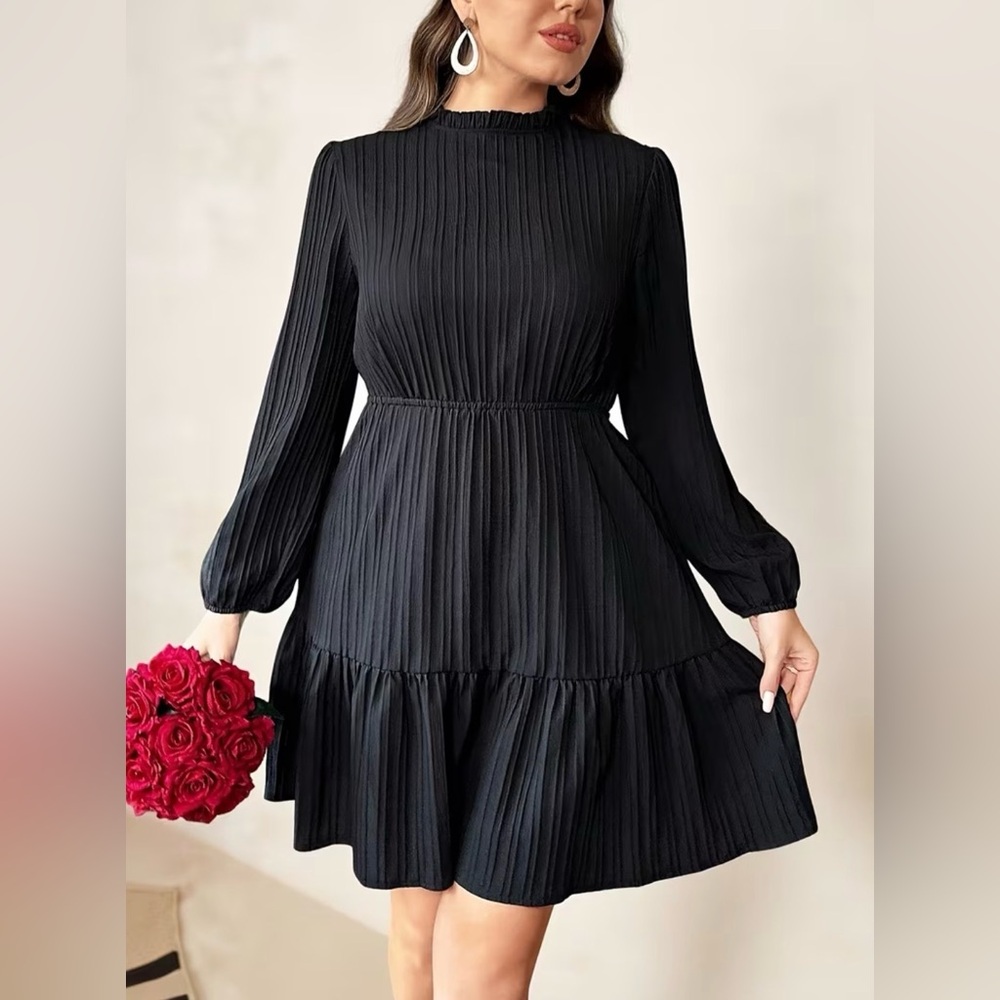 Black Long-Sleeve Pleated Tiered Dress NWOT